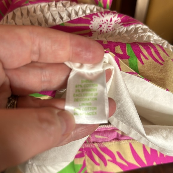 LILLY PULITZER Fiesta Beige Magenta Lime Floral Stretch Cotton Dress Size 4 - Picture 9 of 11